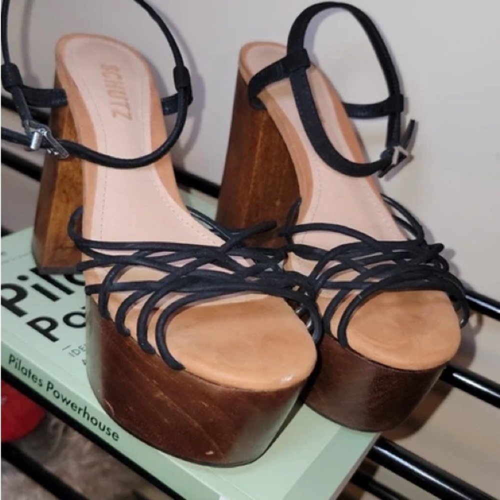 SCHUTZ Black and Brown Strappy Platform Heels